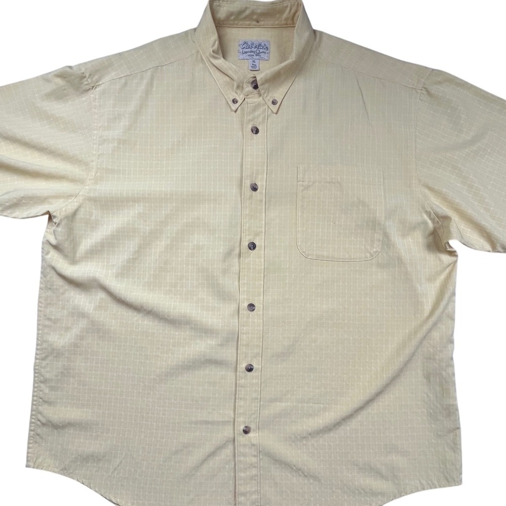Cabelas Mens XL Yellow Grid Texture Short Sleeve Button Down Shirt 904555 SH720‎
